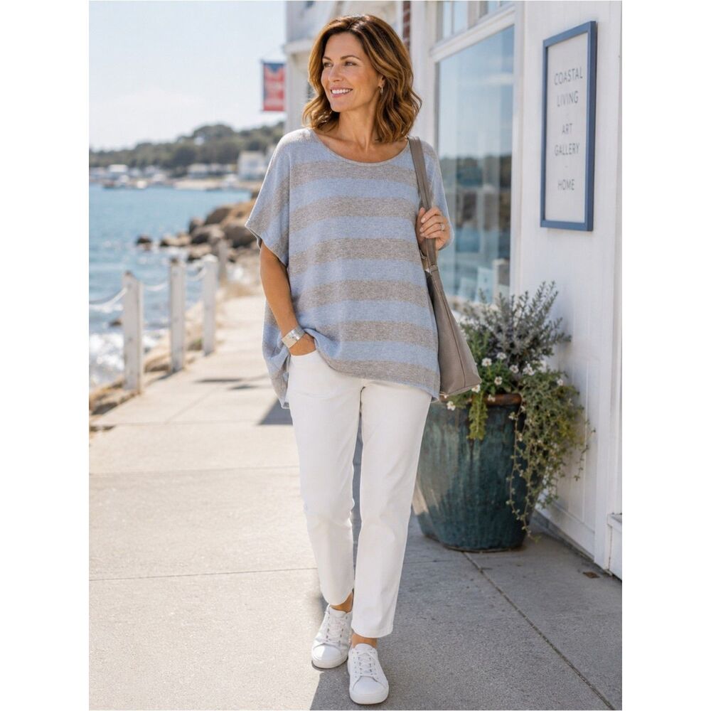Cabi Sky Stripe Tee 5063 Blue Gray Striped Dolman Sleeve Boho Slouchy Top Medium